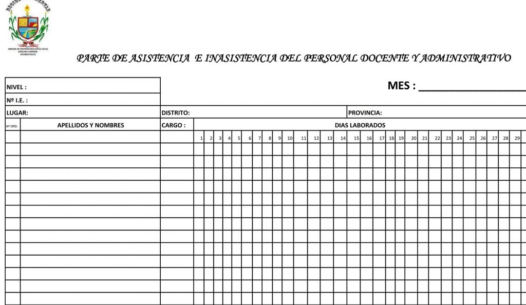 formatos de asistencia del personal docente y administrativo ugel