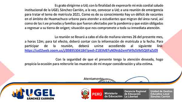 Convoca a reunión de trabajo - OFICIO MÚLTIPLE N°  009-2021-GRLL-GGR/GRSE-UGEL-SC-AGP/DIR - UGEL Sanchez Carrion