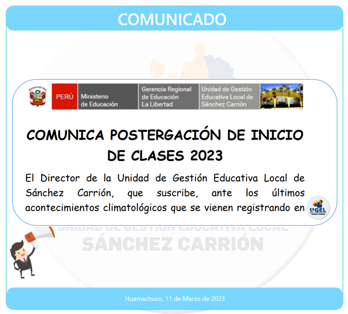 Comunicado postergaci n de inicio de clases 2023 ugel s nchez carri n